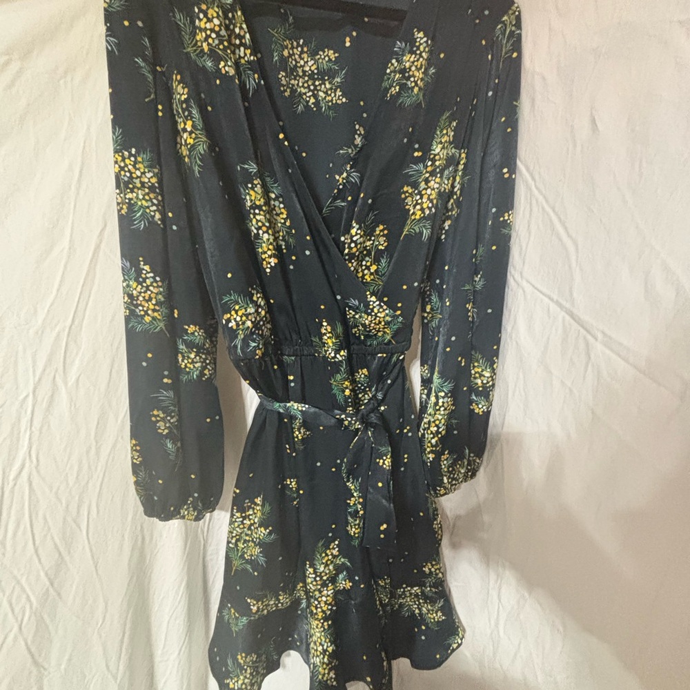 Lauren Conrad satin Floral Wrap Dress in Navy and Yellow